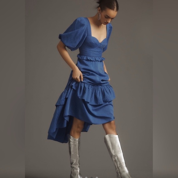 FARM Rio Blue Ruffled Tiered Midi Dress with Puff Sleeves - Picture 6 of 10